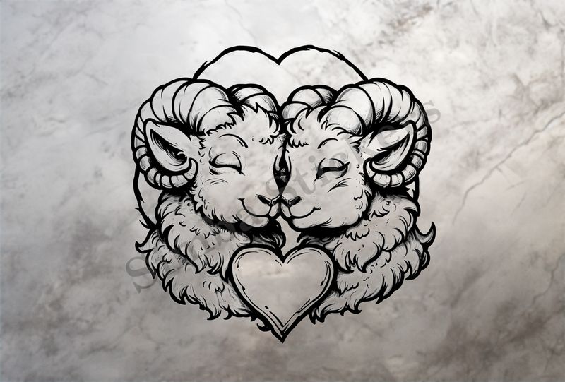 Sheep in love, heart at centre, outline art