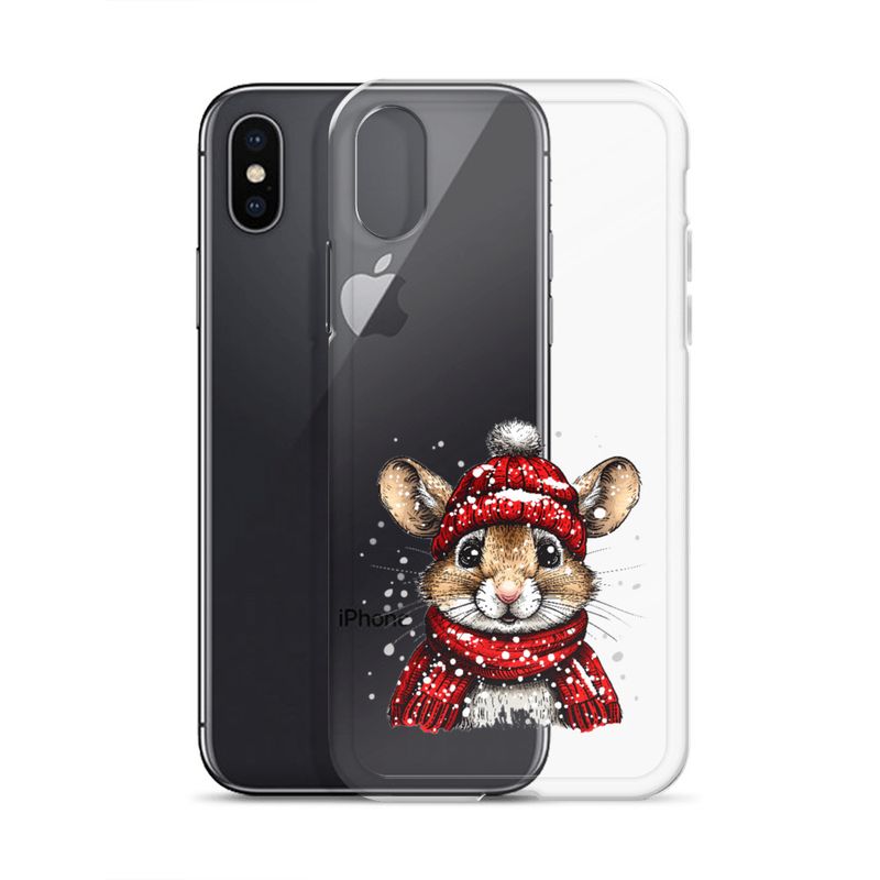 Clear Case for iPhone, Mouse wearing red winter hat and scarf in the snow, xg8dl3