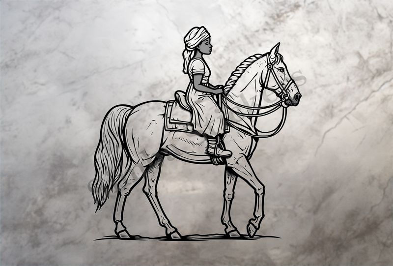 Horse with young female rider outline art