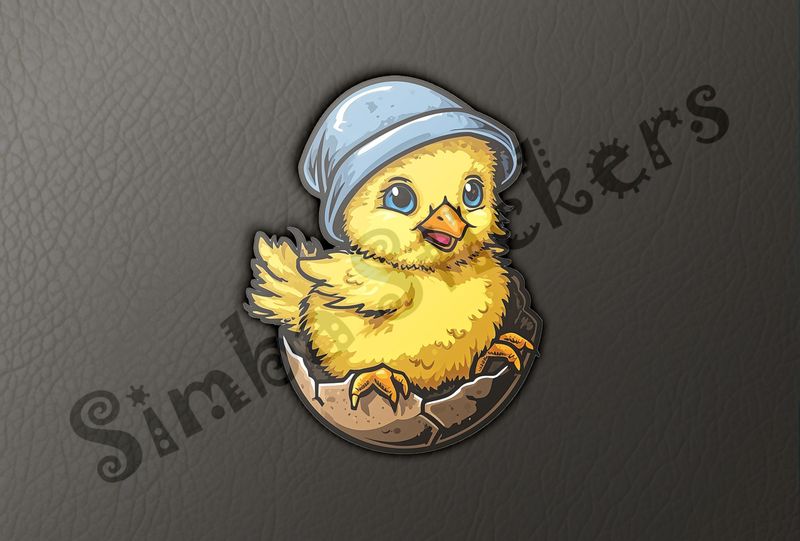 Chick in hat with feet on half-intact eggshell