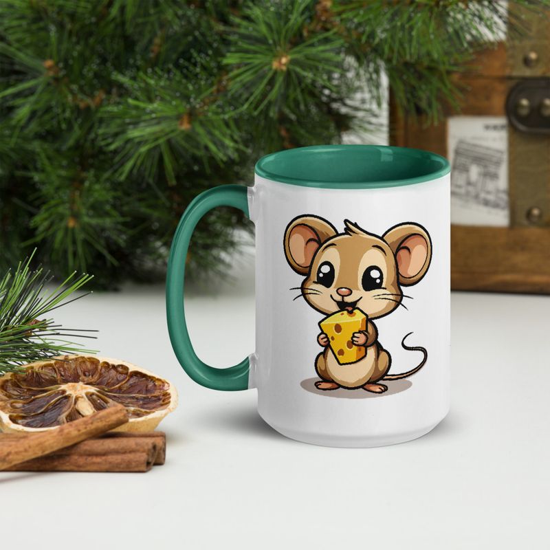 White Ceramic Mug with Color Inside,11&amp;15oz,Small Mouse happily licking large chunk of cheese,pqapy6