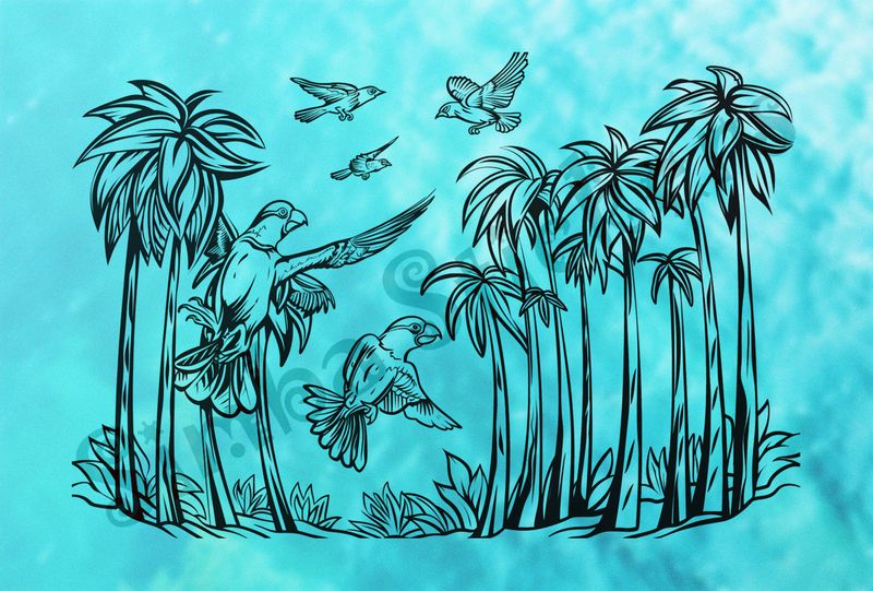 Equatorial Rainforest landscape, birds flapping, outline art