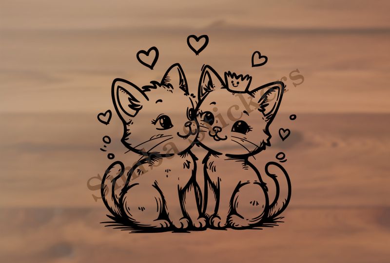 Cat kittens, one with crown, cheek-to-cheek, romantic, outline art