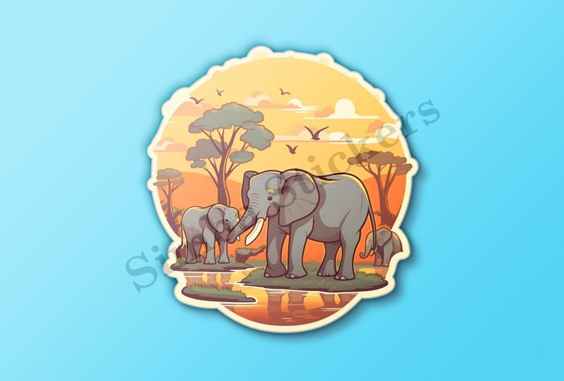 African elephant family at a pond in the Savanna