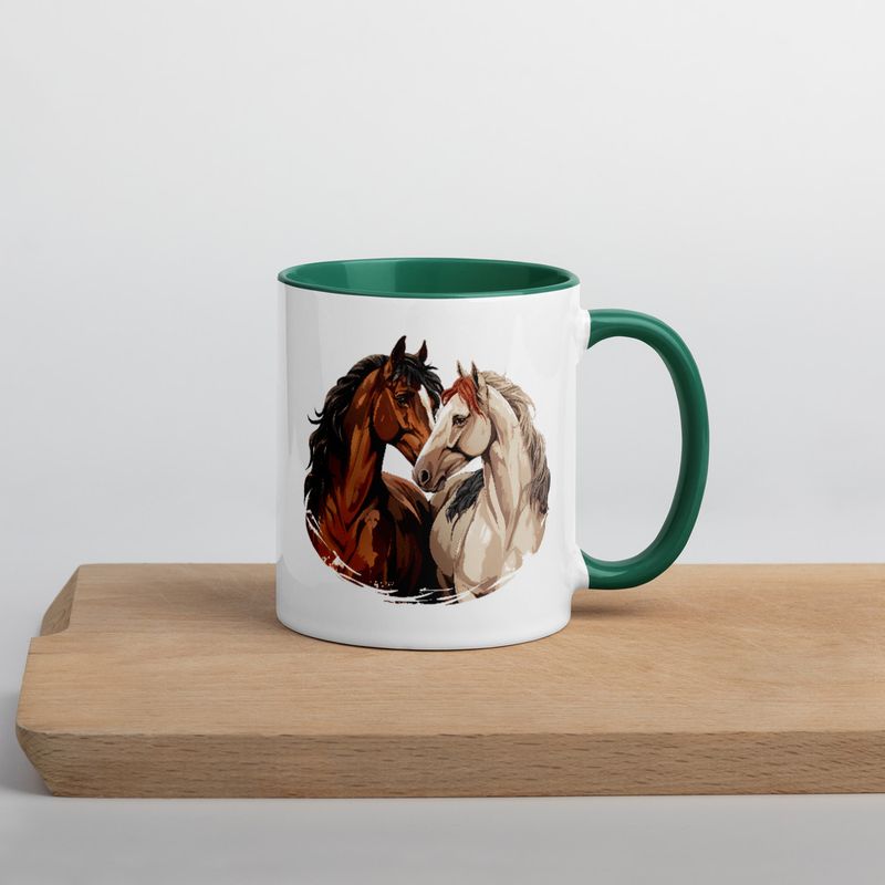 White Ceramic Mug with Color Inside, 11&amp;15oz, Horses nose-to-nose, jbgjpy