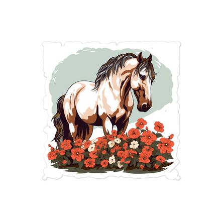 Sticker 4x4, Brown horse in field of red flowers, n4w2fj