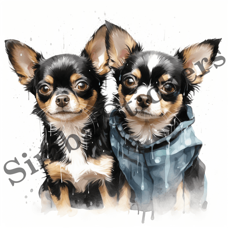 Chihuahua dogs wet in the rain, watercolour, image set, 10 images