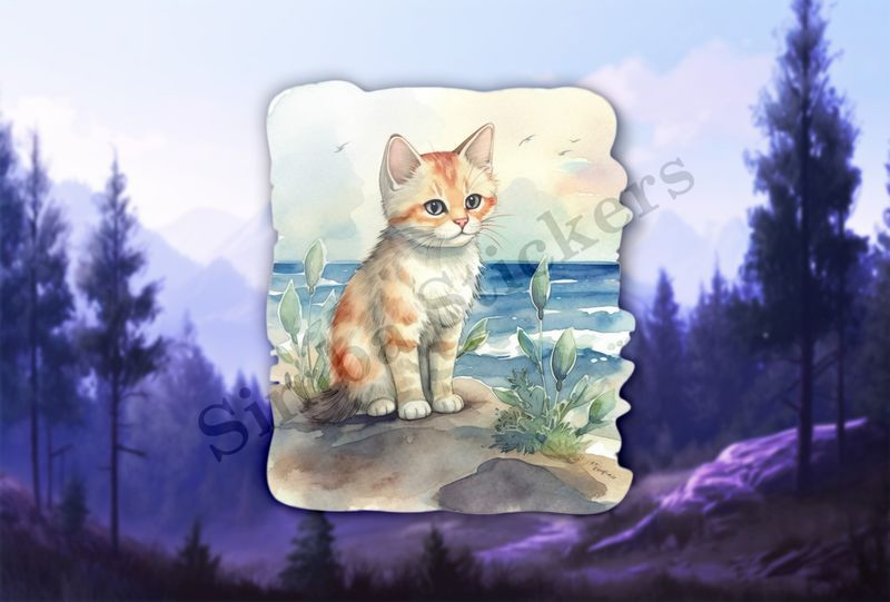 Cat on the beach, watercolour