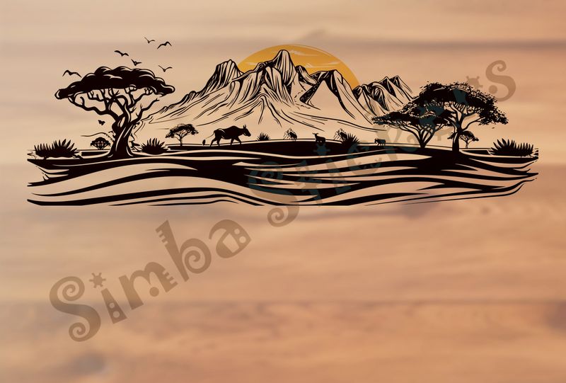African Savanna landscape, sun rising over mountain range, outline art