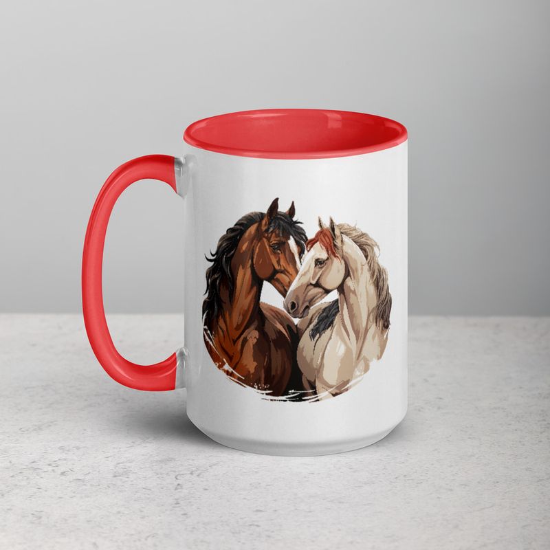 White Ceramic Mug with Color Inside, 11&amp;15oz, Horses nose-to-nose, jbgjpy