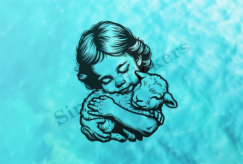Lamb hugged by small Mediterranean girl , outline art