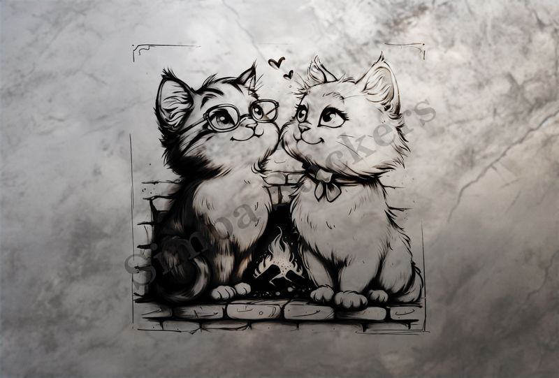 Cats, one in glasses, by the fireplace, outline art