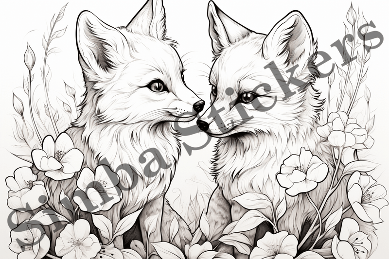 Colouring pages, Bundle of foxes in love, 10 images