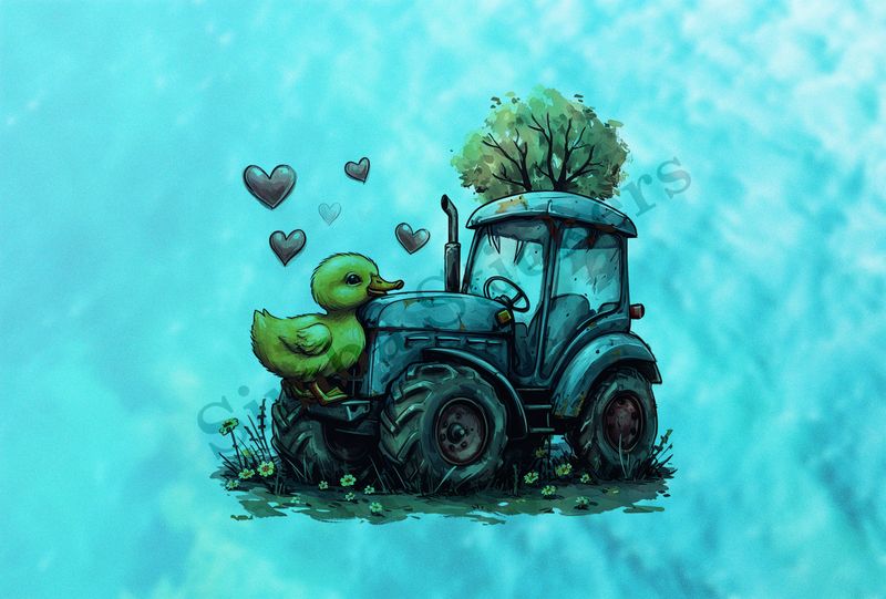 Duckling with chin over farmer&#x27;s tractor