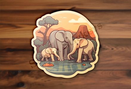 African elephant family at a pond in the Savanna