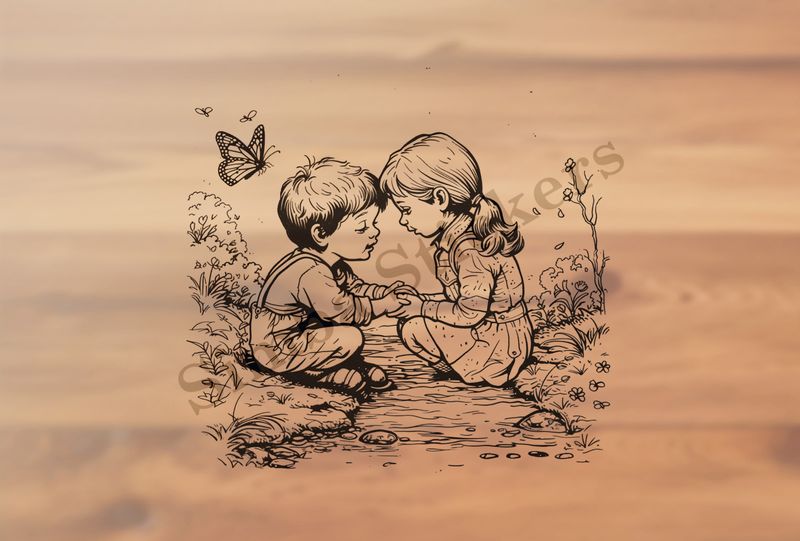 Boy and girl holding hands while sitting on either side of narrow stream, outline art