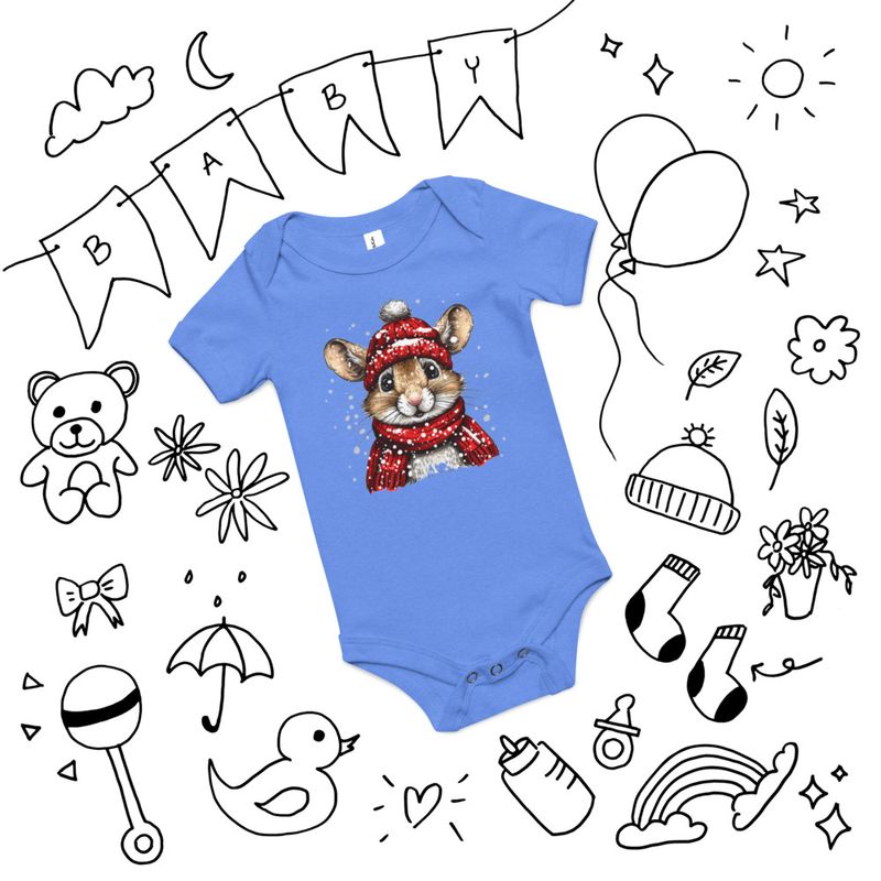 Baby Short Sleeve One Piece, 3-24 Months, Mouse wearing red winter hat and scarf in the snow, xg8dl3