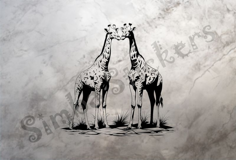Giraffes nose-to-nose in the Savanna, outline art