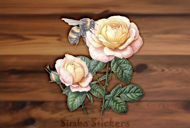 Bee flying around beatutiful pinkish rose flowers, watercolour