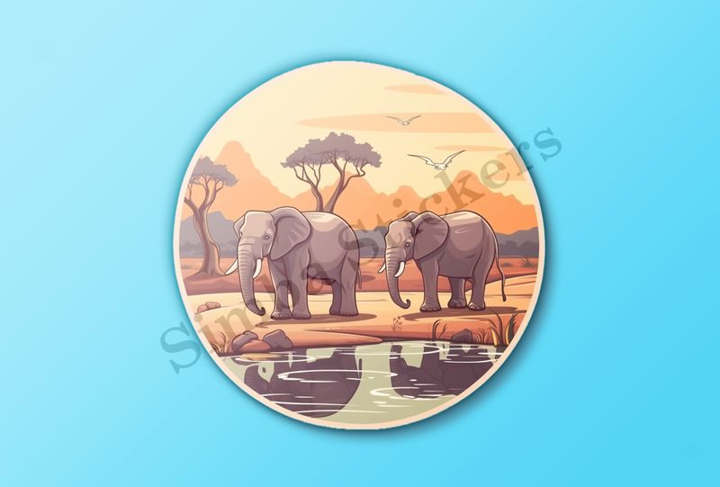 Two elephants at a pond in the Savanna