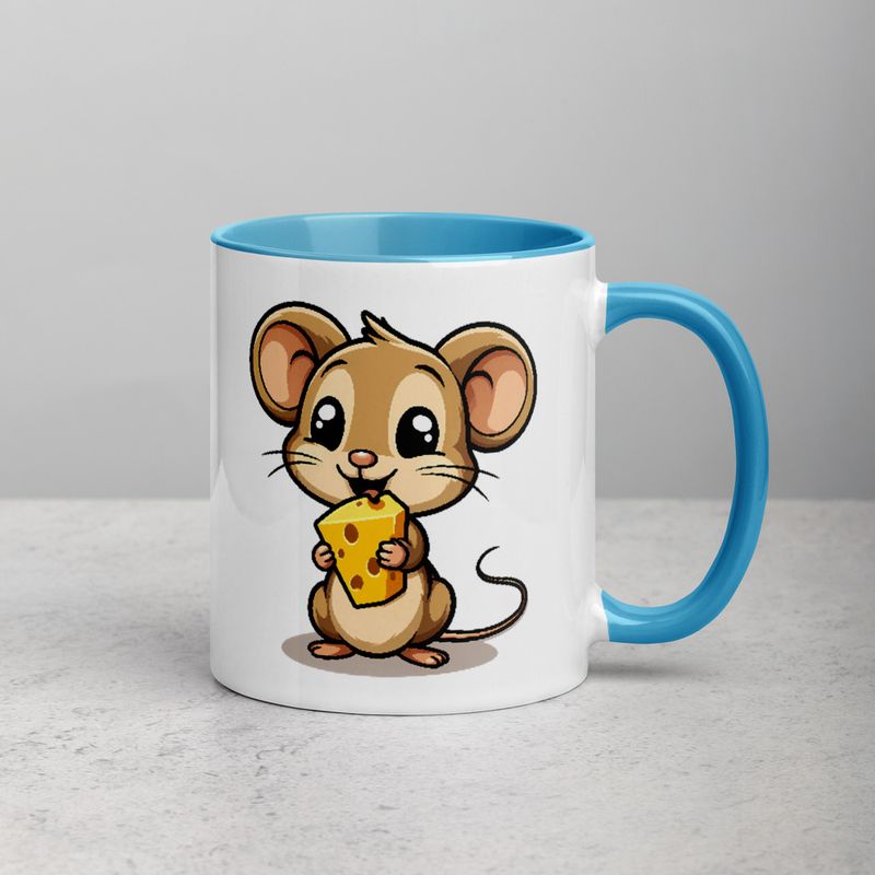 White Ceramic Mug with Color Inside,11&amp;15oz,Small Mouse happily licking large chunk of cheese,pqapy6