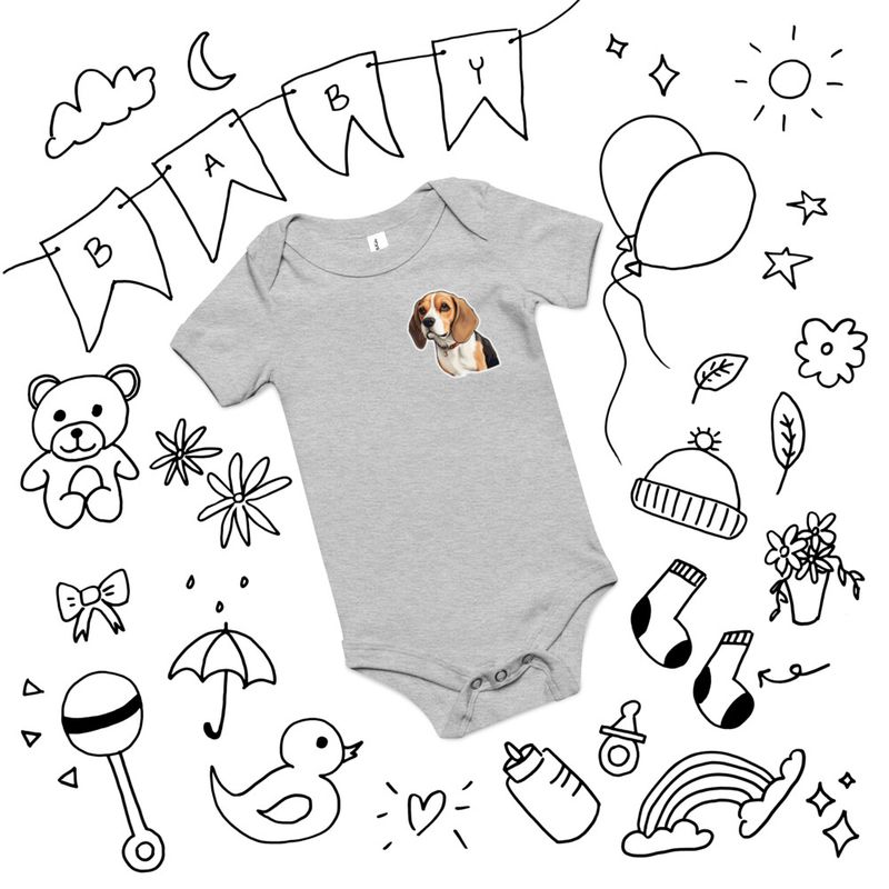 Baby Short Sleeve One Piece, 3-24 Months, Beagle dog with collar, left chest 