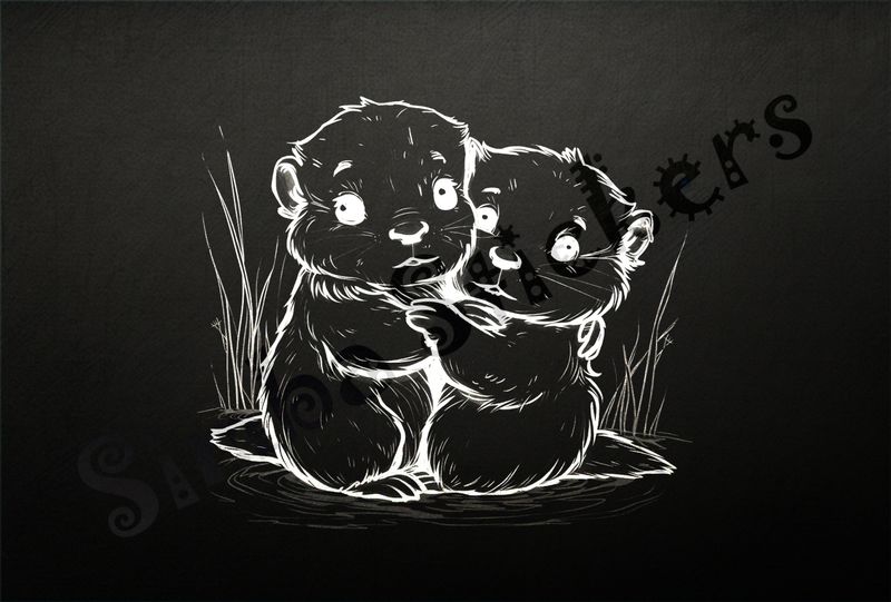 Beavers embracing each other worryingly, outline art