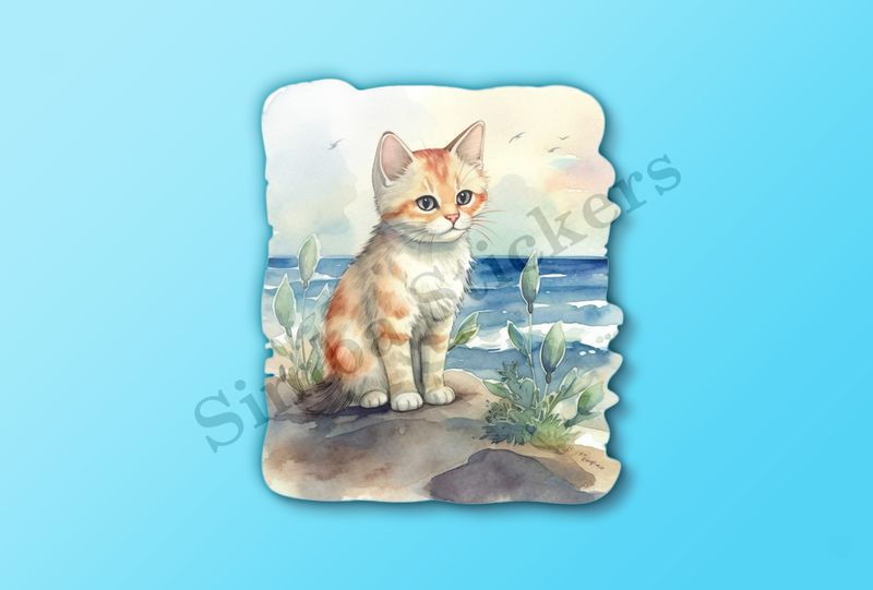 Cat on the beach, watercolour