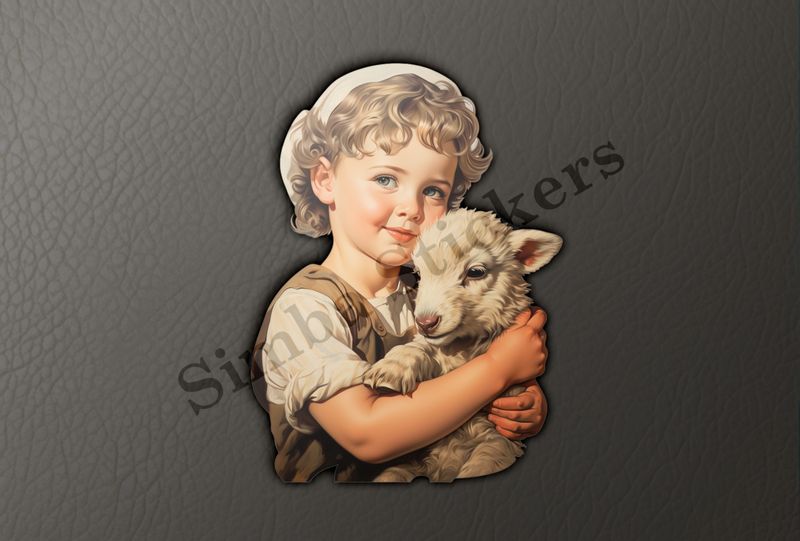 Lamb in arms of small boy wearing white head-covering, vintage