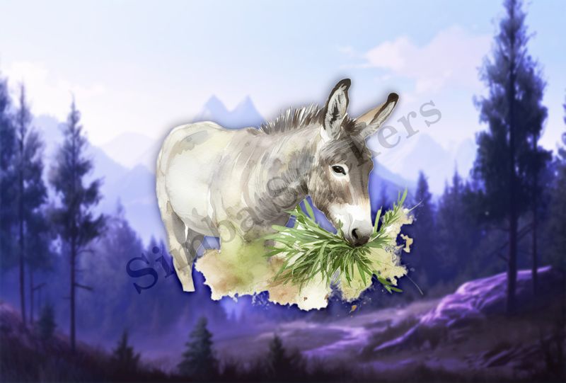 Donkey eating grass, watercolour
