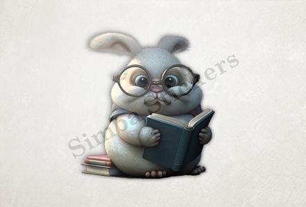 Chubby bunny in glasses holding a book