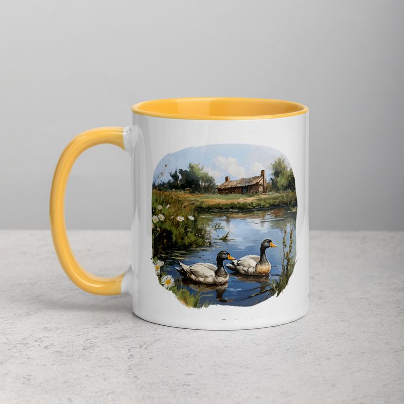 White Ceramic Mug with Color Inside, 11 &amp;15oz, Ducks in love swimming in farmhouse pond 