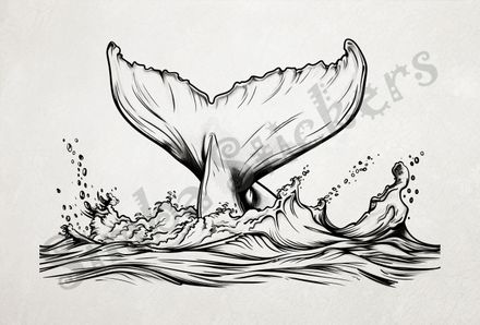 Whale lobtailing, making a big splash, outline art