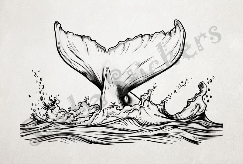 Whale lobtailing, making a big splash, outline art