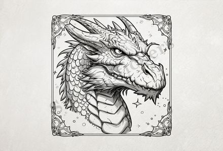 Angry-looking dragon, framed, outline art