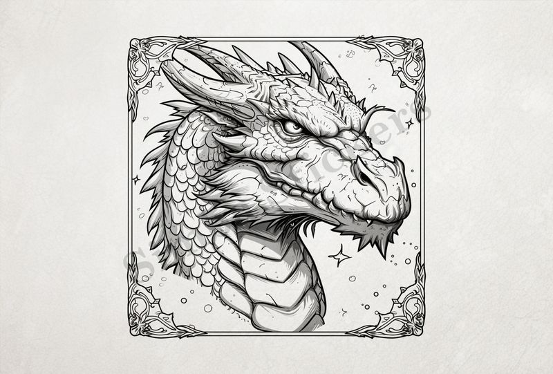 Angry-looking dragon, framed, outline art