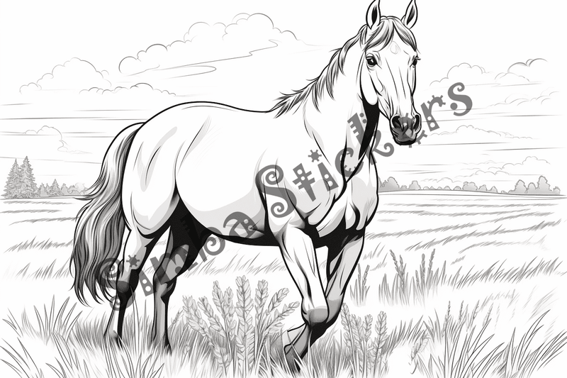 Colouring pages, bundle of horses on grass, 10 images