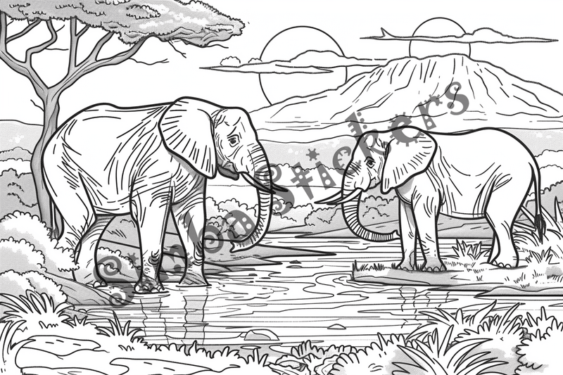 Colouring pages, bundle of African Savanna landscape, 25 images