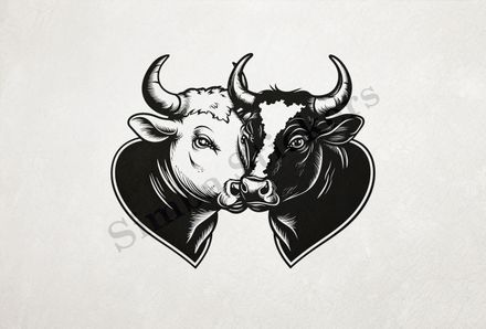 Cattle,  cheek-to-cheek, one black, one white, horns locked, outline art