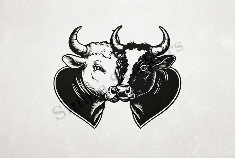 Cattle,  cheek-to-cheek, one black, one white, horns locked, outline art