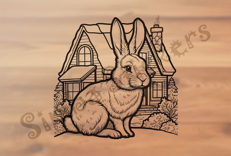 Hare outside a home, outline art