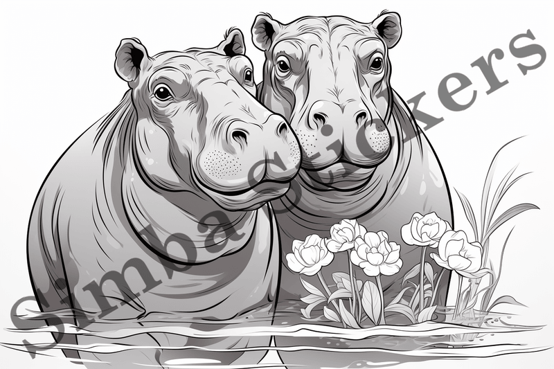 Colouring pages, Bundle of hippos in love, 10 images