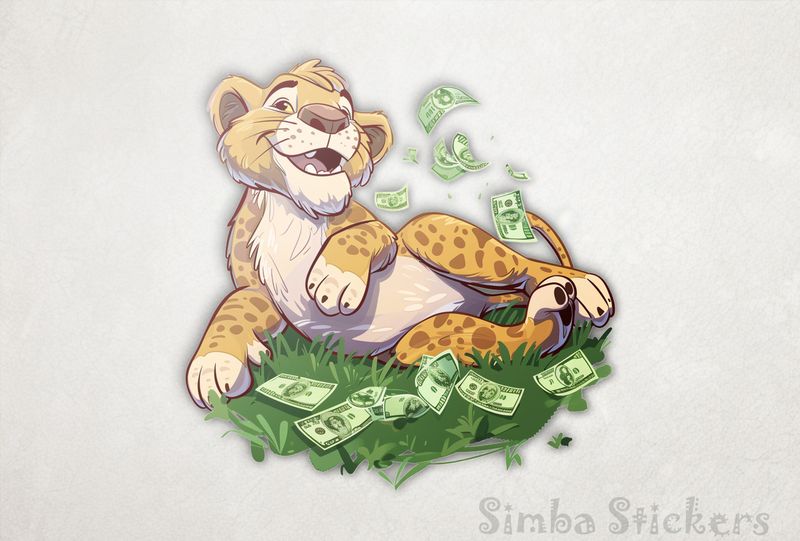 Simba Lion cub lying on flying money