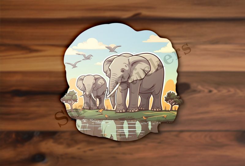 Two elephants at a pond in the Savanna