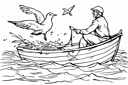 Colouring pages, bundle of seagulls harassing boats, 10 images