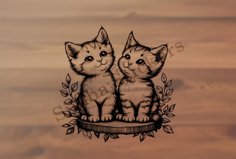 Cats on wooden stand, romantic, outline art