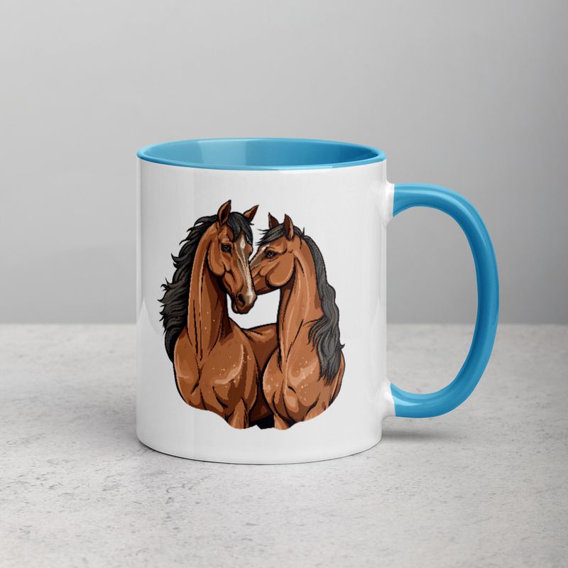 White Ceramic Mug with Color Inside, 11&amp;15oz, Two brown horses snuggling, tdwcyd