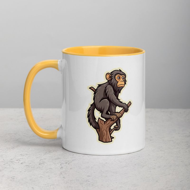 White Ceramic Mug with Color Inside, 11oz &amp; 15oz, Baboon on a tree, looking sad, head-to-head