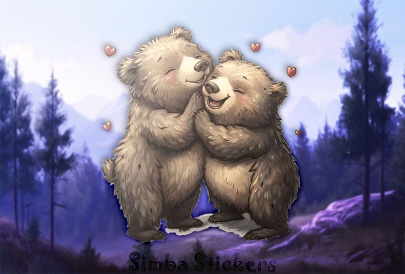 Bears cubs standing cheek-to-cheek with Valentine&#x27;s hearts, watercolour, nnzqnm