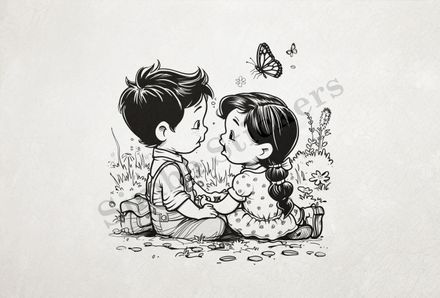 Boy and girl sitting holding hands, outline art